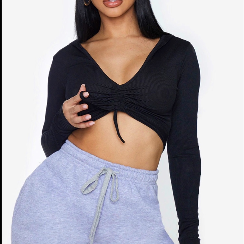 Black Rib Ruched Front Hooded Crop Top